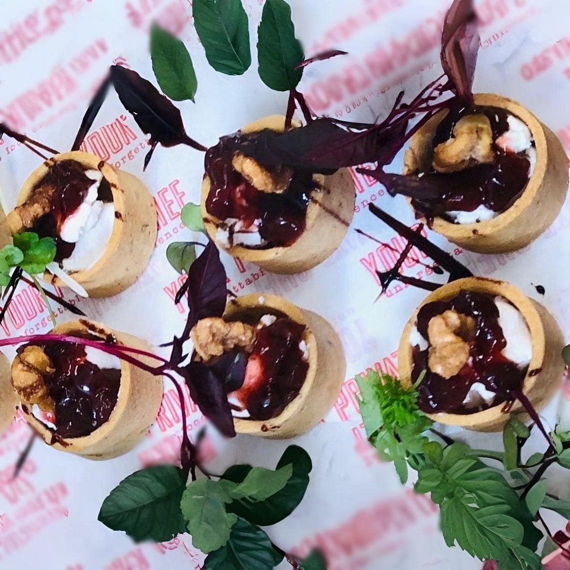 Goats cheese mousse, beetroot relish & walnut brittle tart (v) **contains nuts